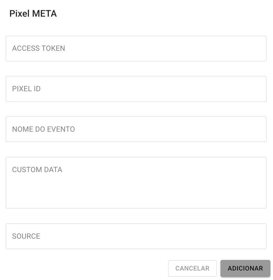 Campos de configuração do bloco Pixel META: Access Token, Pixel ID, Nome do Evento, Custom Data e Source